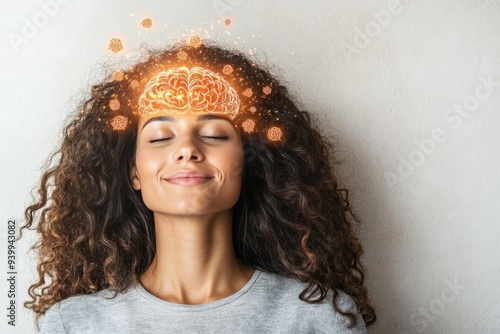Young woman with a glowing neural network on her forehead symbolizing the connection between emotion thought and the blossoming of ideas in the mind
