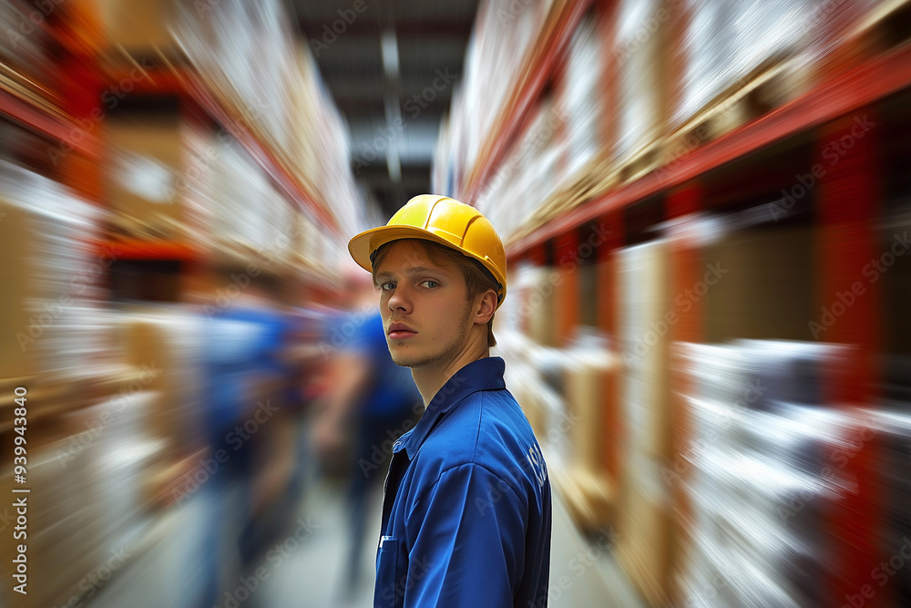 warehouse worker in a helmet in front of other warehouse workers in a warehouse, generative AI warehouse worker in a helmet in front of other warehouse workers in a warehouse, generative AI