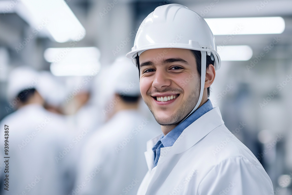 production line worker wearing a helmet in front of other production line workers in a factory, generative AI production line worker wearing a helmet in front of other production line workers in a factory, generative AI