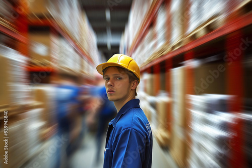 warehouse worker in a helmet in front of other warehouse workers in a warehouse, generative AI