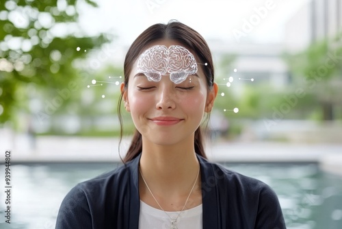 A woman meditating with a glowing third eye symbolizing heightened awareness spiritual insight and deep cognitive focus in a tranquil outdoor setting photo