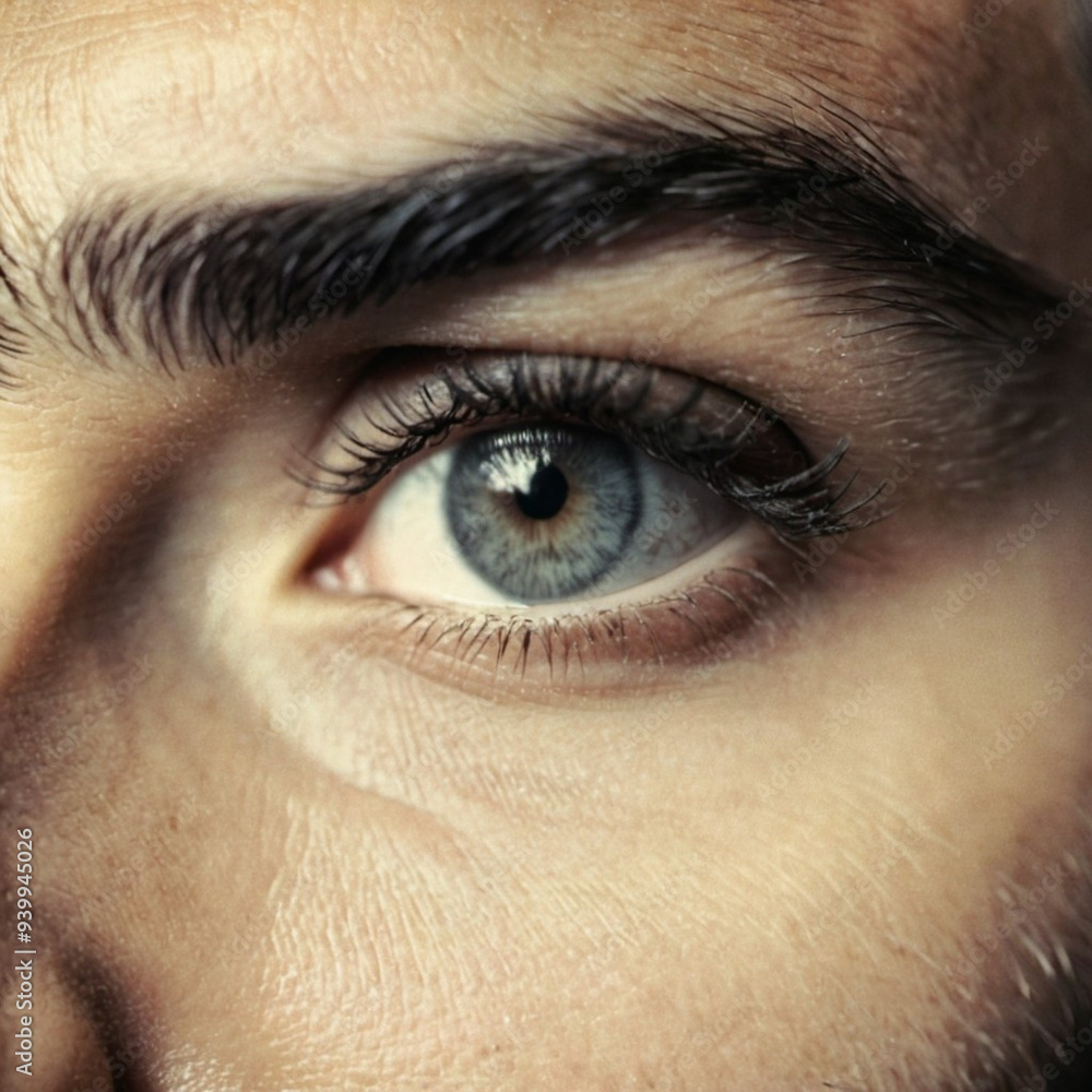 Obraz premium Close-up of a persons grey - green eye. The eye is looking directly at the camera, and the iris is a vibrant green color. Half of a handsome man's face. Black eyebrow, long eyelashes, thoughtful look