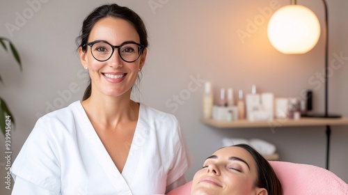 A doctor cosmetologist in glasses is performing a facial treatment on woman lying down, clinic, spa salon, provision of cosmetological medical services, beauty industry content photo