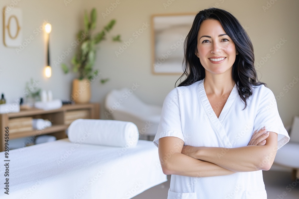 A woman massagist is standing in front of her massage table, smiling with crossed arms and wearing white, spa, massage, clinic and cosmetology service, beauty poster, banner, copy space A woman massagist is standing in front of her massage table, smiling with crossed arms and wearing white, spa, massage, clinic and cosmetology service, beauty poster, banner, copy space