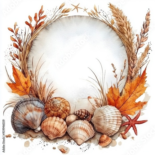 Watercolor Seashells and Autumn Leaves Frame