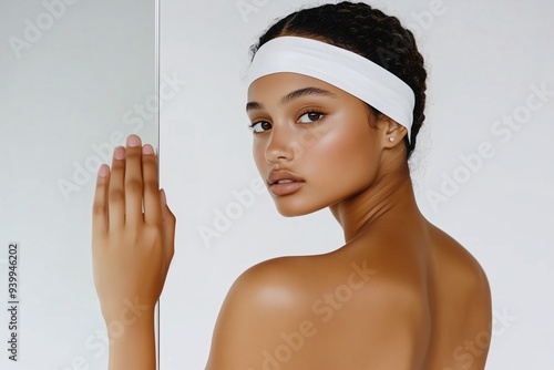 A beautiful woman with a white bandage on her head, beauty and skin care products, cosmetology service, poster, banner, free copy space photo