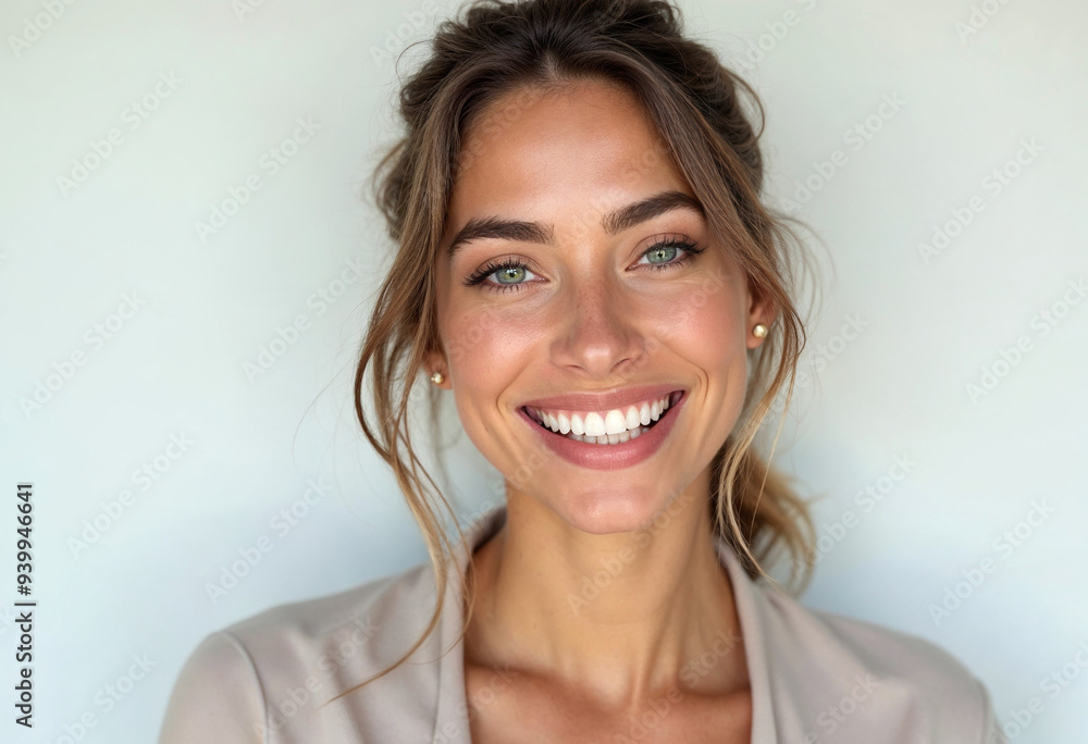 Close-up portrait of a smiling woman with clean teeth, fresh hair, and a strong jawline, against a white background.
Close-up portrait of a smiling woman with clean teeth, fresh hair, and a strong jawline, against a white background.