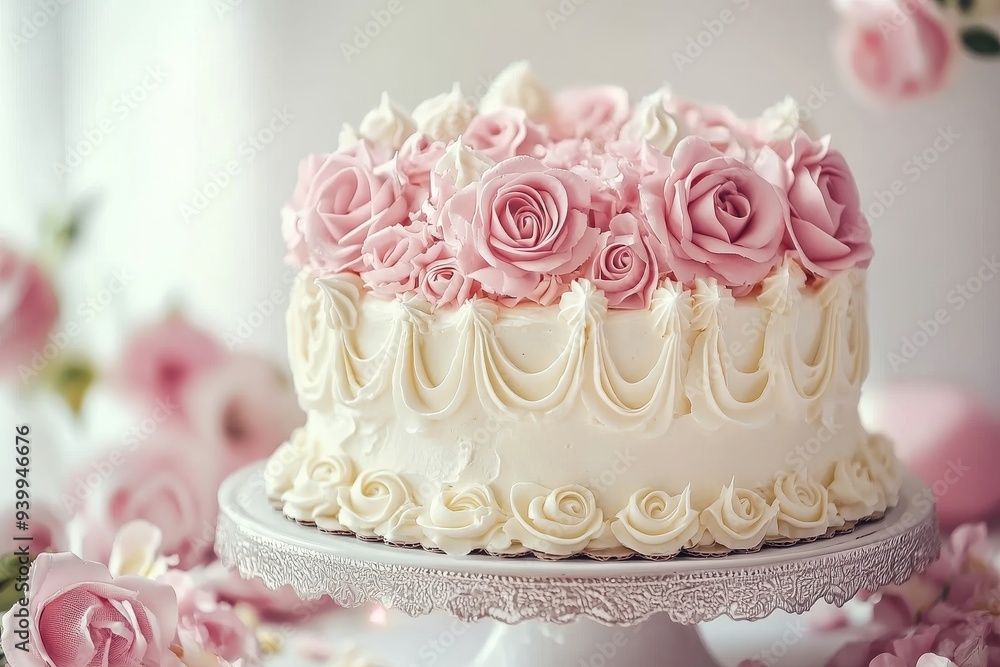 A beautifully decorated cake with floral icing symbolizing celebration artistry and the joy of special occasions in a bright festive setting A beautifully decorated cake with floral icing symbolizing celebration artistry and the joy of special occasions in a bright festive setting
