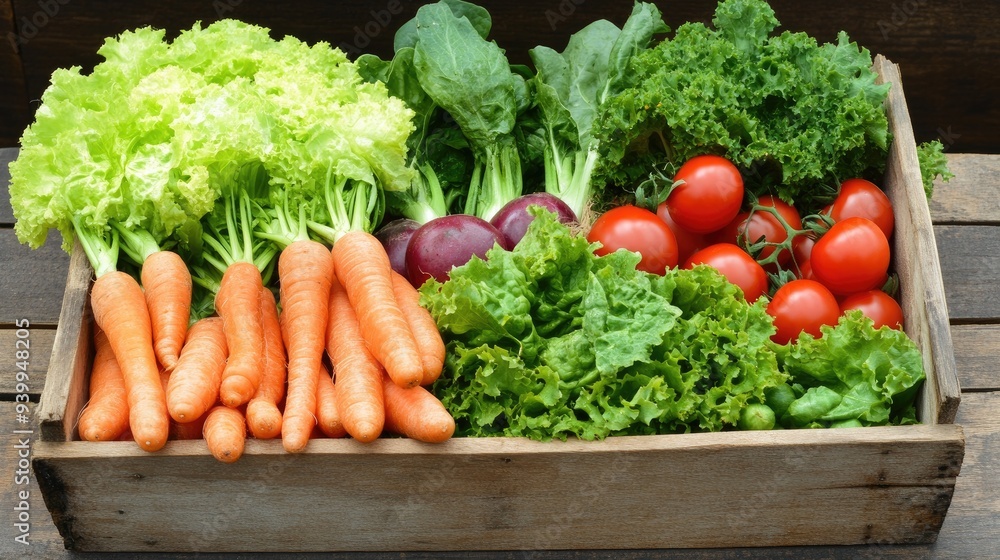 Fresh organic vegetables, including lettuce, tomatoes, and carrots, in a wooden crate ready for market Fresh organic vegetables, including lettuce, tomatoes, and carrots, in a wooden crate ready for market