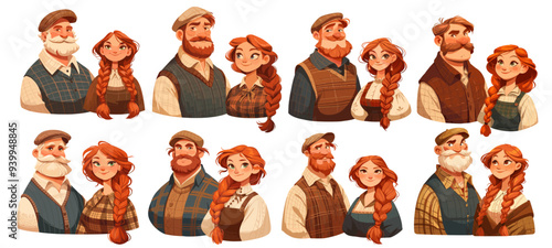 peasants portrait. woman and man farmers, medieval village traditional clothes red hair braid grandfather young girl culture family set vector illustration