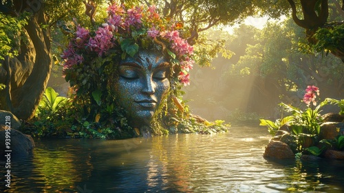 Mystical Forest Spirit   Woman Face Emerges From Water  Nature Sculpture photo