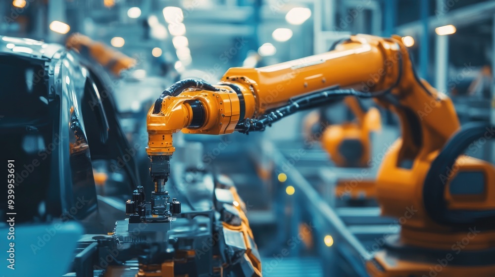 Robotic arm painting automotive parts in a factory, precision manufacturing, high-tech production Robotic arm painting automotive parts in a factory, precision manufacturing, high-tech production