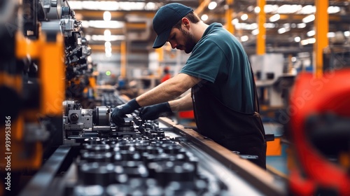 Worker assembling parts on a conveyor belt, mass production, factory setting, manufacturing process