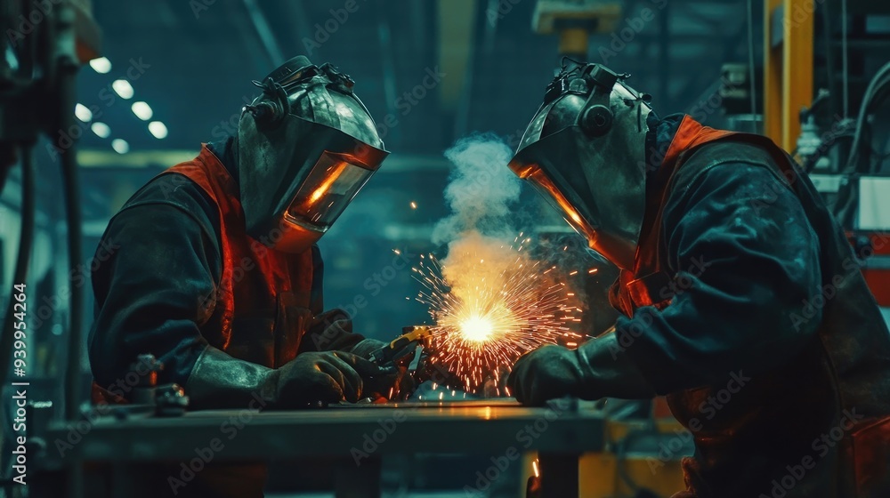 Workers in protective gear welding metal in a factory, industrial manufacturing, safety in production Workers in protective gear welding metal in a factory, industrial manufacturing, safety in production