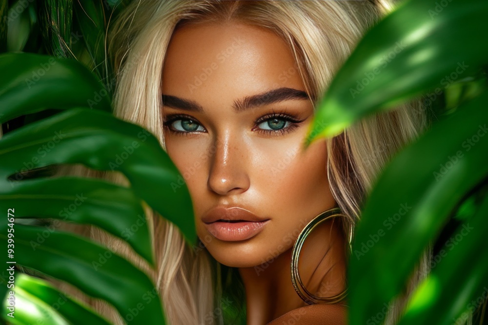 A young woman with blonde hair peeking through lush green leaves symbolizing natural beauty curiosity and the vibrant energy of life in a bright tropical setting A young woman with blonde hair peeking through lush green leaves symbolizing natural beauty curiosity and the vibrant energy of life in a bright tropical setting