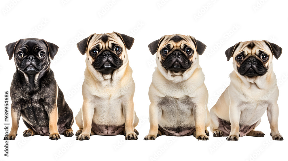 Pug dog collection (portrait, sitting, standing), animal bundle isolated on a white background as transparent PNG Pug dog collection (portrait, sitting, standing), animal bundle isolated on a white background as transparent PNG