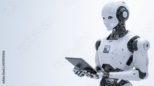 AI robot working with tablet, white background, sleek design, modern technology