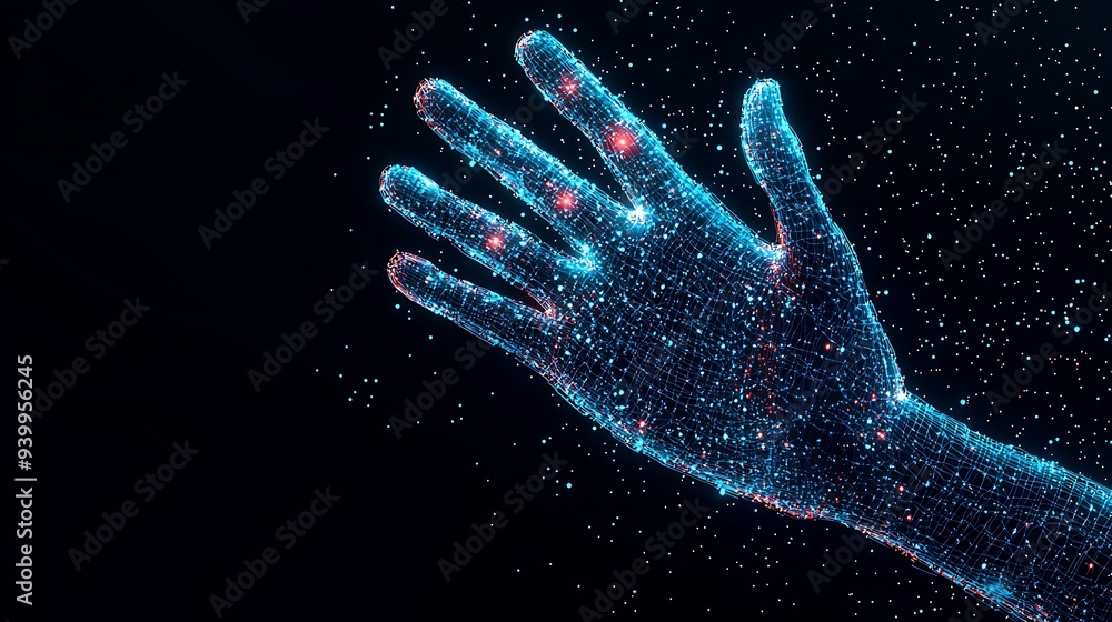 Digital hand hologram on dark background with copy space. Neural network connection. Communication with artificial intelligence Digital hand hologram on dark background with copy space. Neural network connection. Communication with artificial intelligence