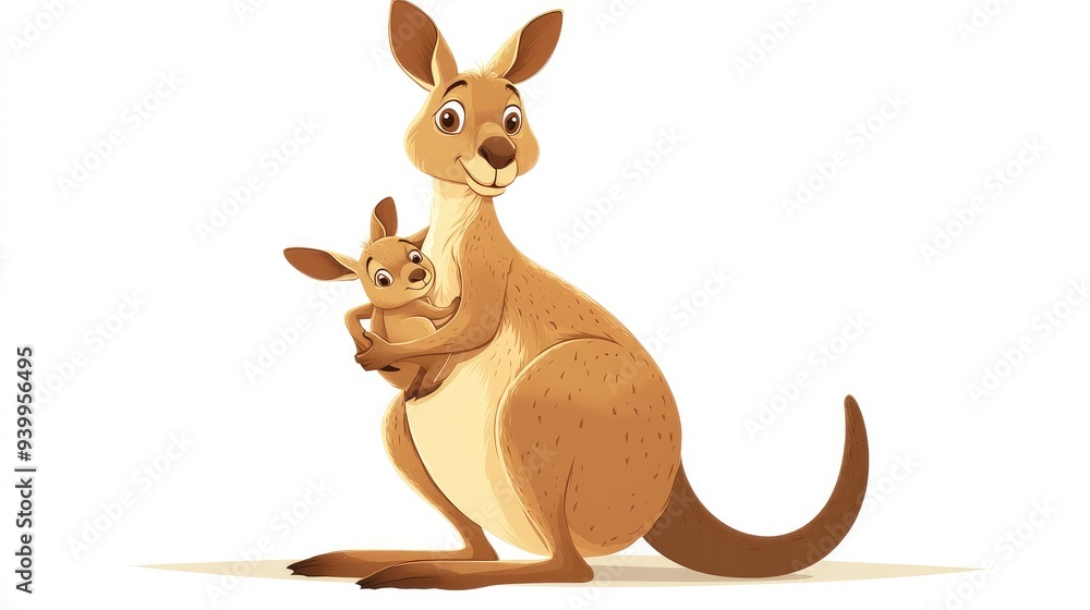 Kangaroo cartoon holding a joey in its pouch, isolated on white background, adorable and charming Kangaroo cartoon holding a joey in its pouch, isolated on white background, adorable and charming