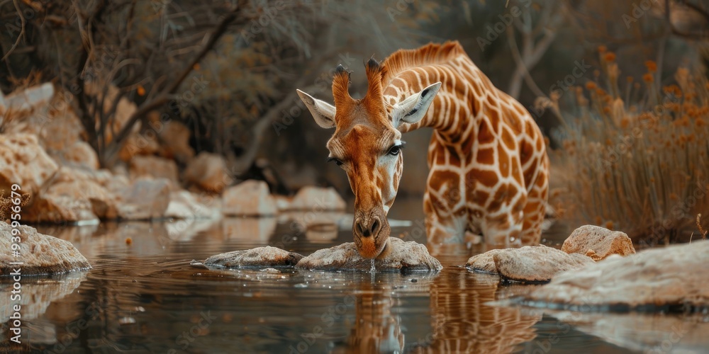 Fototapeta premium Giraffe taking a drink from a boulder