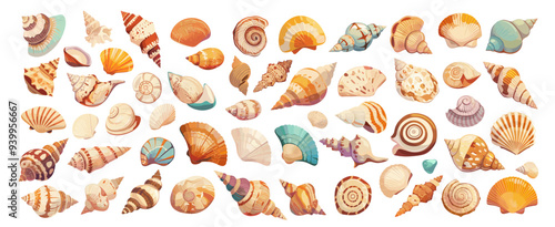 shells. seashell, mollusk snail scallop shell marine spiral skeleton underwater animal vector illustration