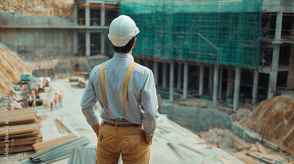 A civil engineer stands looking at the construction site A civil engineer stands looking at the construction site