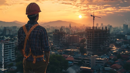 A civil engineer stands looking at the construction site