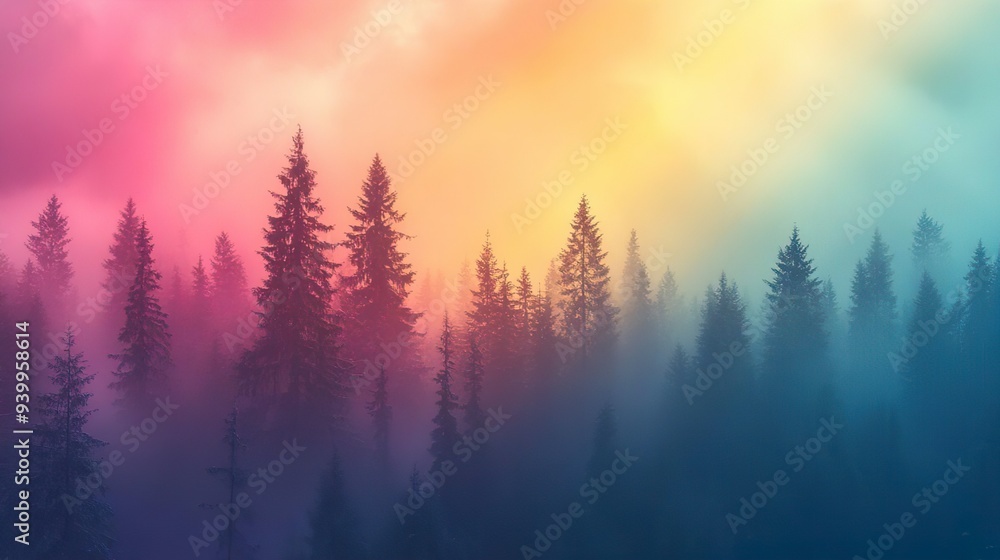Obraz premium Bright rainbow arching over a misty forest creating a vibrant and uplifting background for wallpapers