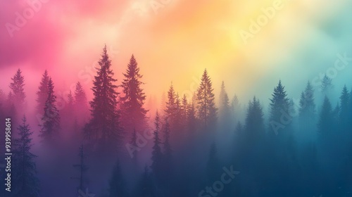 Bright rainbow arching over a misty forest creating a vibrant and uplifting background for wallpapers