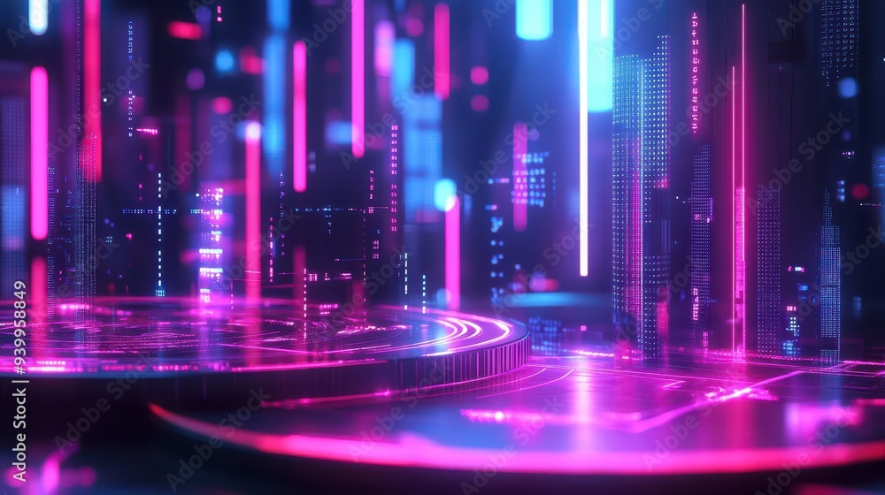 Futuristic Cityscape with Neon Lights and Digital Interface Futuristic Cityscape with Neon Lights and Digital Interface