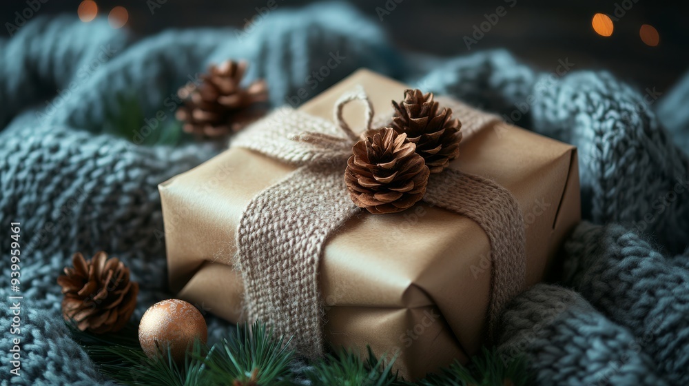 Gift box in cozy interior Gift box in cozy interior