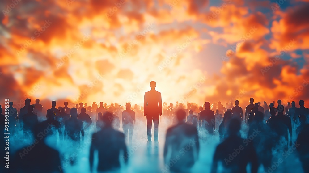Human resource management and recruitment business concept. One person standing in epicenter. Human resource management and recruitment business concept. One person standing in epicenter.