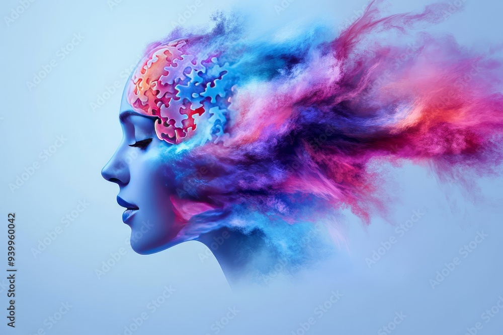 Digital painting of woman with colorful explosion of creativity emerging from her head symbolizing imagination artistic expression and limitless potential of the mind in a surreal vibrant settin Digital painting of woman with colorful explosion of creativity emerging from her head symbolizing imagination artistic expression and limitless potential of the mind in a surreal vibrant settin