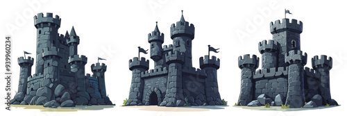 stone fortress cartoon. dark medieval tower, fort architecture building ancient historical gloomy set vector illustration