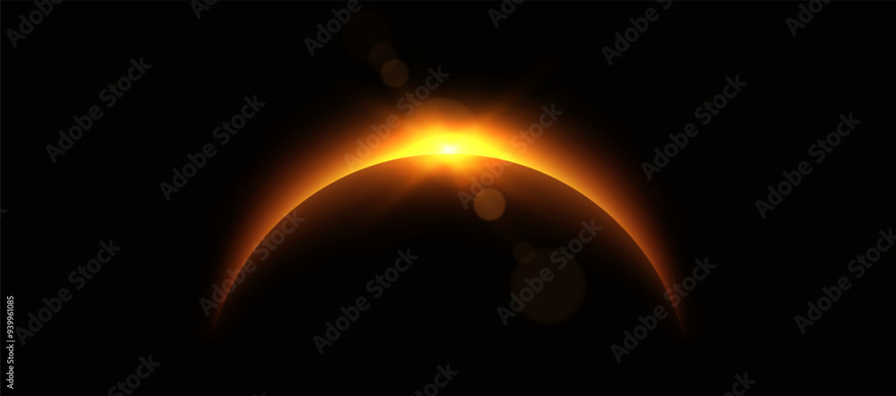 Planet eclipse, glowing flare on the horizon, sunrise over the globe. Crescent planet edge. Vector illustration