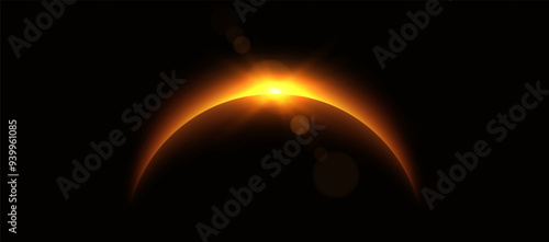 Planet eclipse, glowing flare on the horizon, sunrise over the globe. Crescent planet edge. Vector illustration