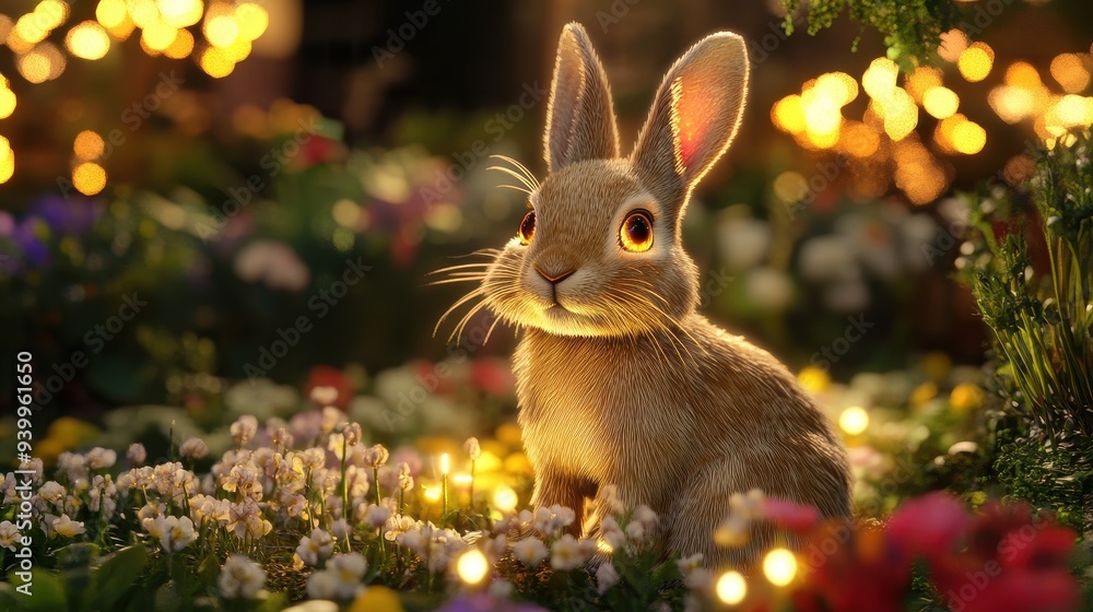 Cute Bunny Rabbit in a Magical Forest with Flowers and Fairy Lights Cute Bunny Rabbit in a Magical Forest with Flowers and Fairy Lights