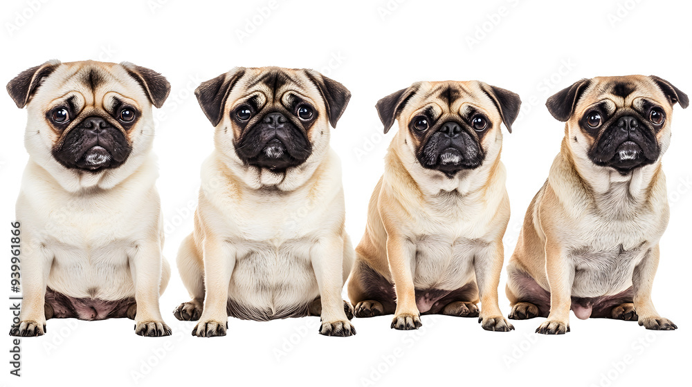 Pug dog collection (portrait, sitting, standing), animal bundle isolated on a white background as transparent PNG Pug dog collection (portrait, sitting, standing), animal bundle isolated on a white background as transparent PNG
