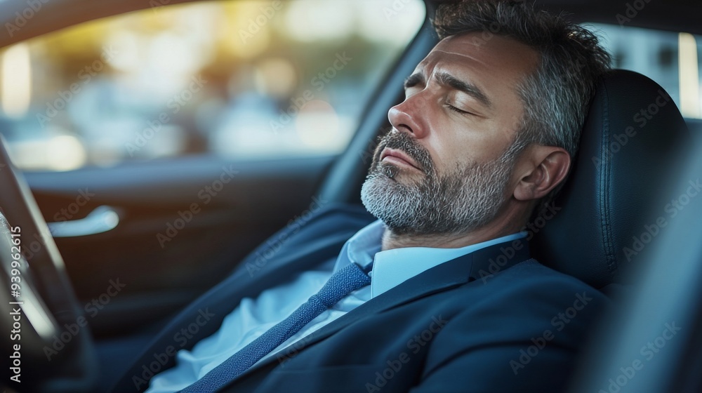 A middle-aged businessman is resting in the driver’s seat of his parked private car on the roadside, asleep and appearing exhausted, while the vehicle remains stationary. A middle-aged businessman is resting in the driver’s seat of his parked private car on the roadside, asleep and appearing exhausted, while the vehicle remains stationary.