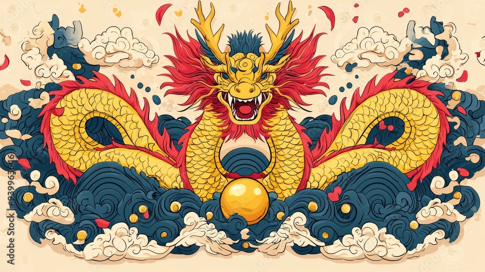 Mythical Golden Dragon in Clouds Mythical Golden Dragon in Clouds