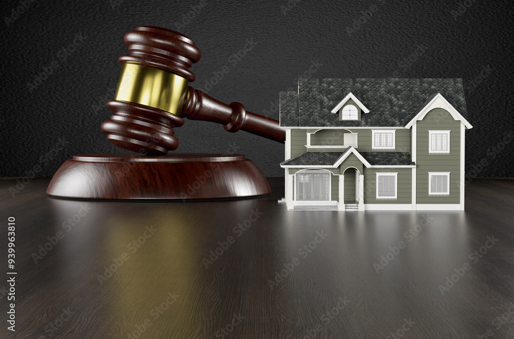 Wooden Gavel and Miniature House on a Wood Surface. Wooden Gavel and Miniature House on a Wood Surface.