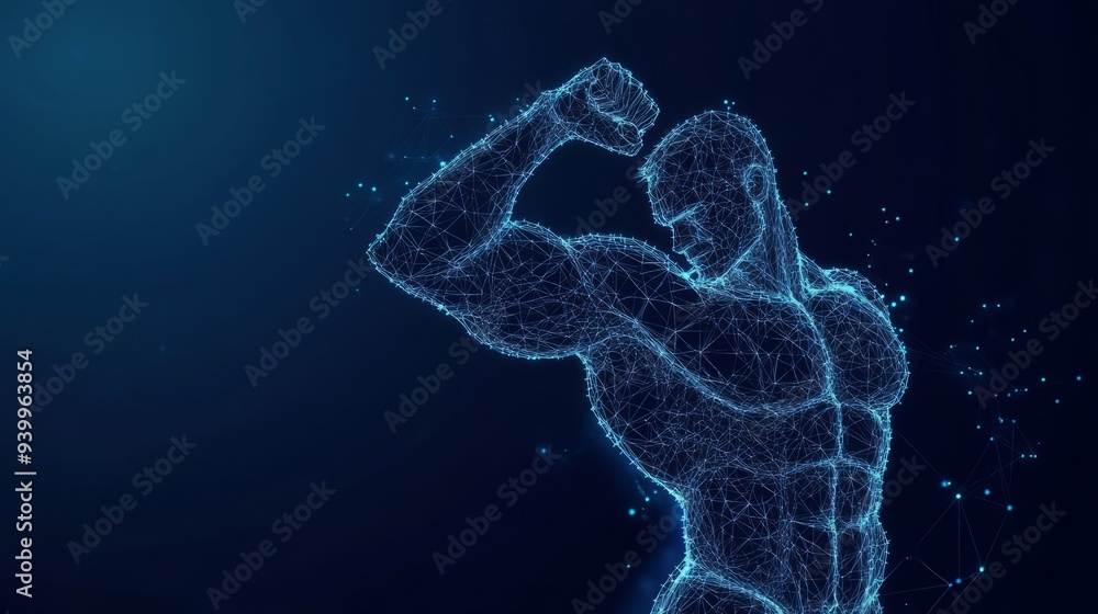 Human power low poly wireframe banner template. Polygonal physical strength, strong bodybuilder, athlete body mesh art illustration. 3D male hand muscles, flexed biceps with connected dots. Human power low poly wireframe banner template. Polygonal physical strength, strong bodybuilder, athlete body mesh art illustration. 3D male hand muscles, flexed biceps with connected dots.