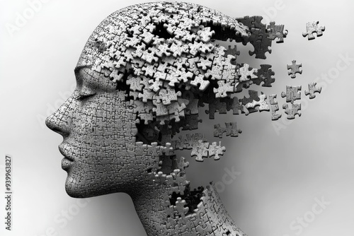 Abstract digital artwork of a head dissolving into puzzle pieces representing the fragmentation of thought memory loss and the complexity of the human mind in a surreal conceptual design