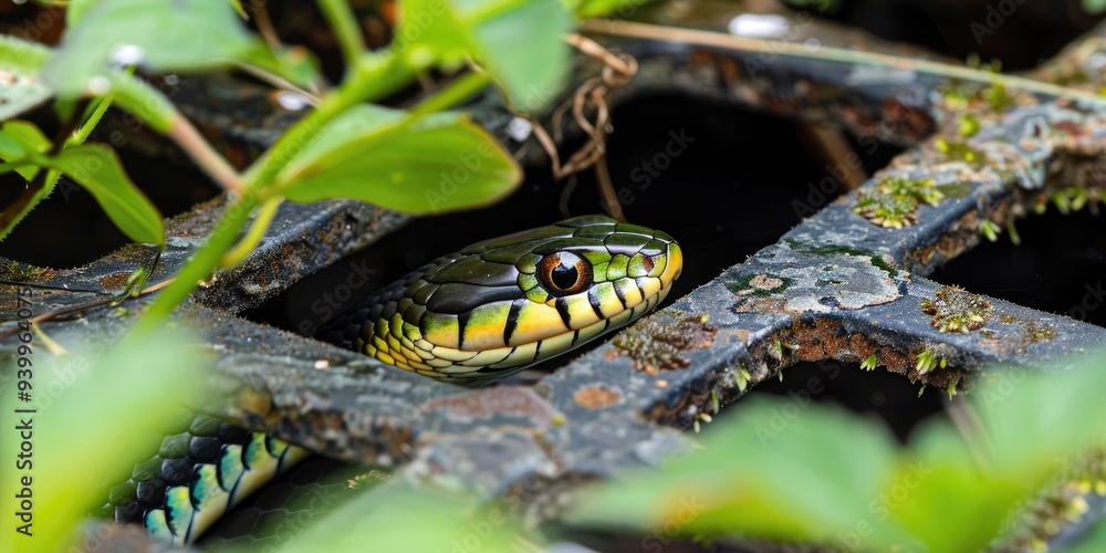 Obraz premium Garter snake moves smoothly through a metal grate encircled by greenery.