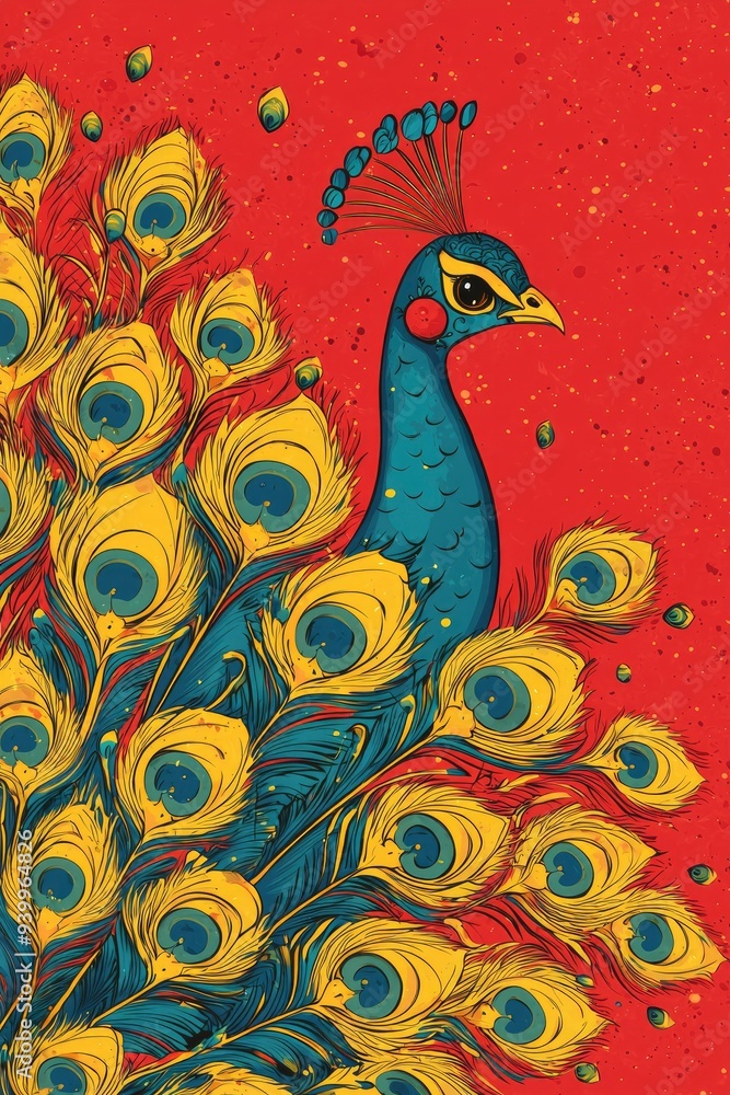 Peacock Illustration with Yellow and Blue Feathers on Red Background Peacock Illustration with Yellow and Blue Feathers on Red Background