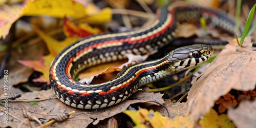 Garter Snake gliding across the woodland ground.