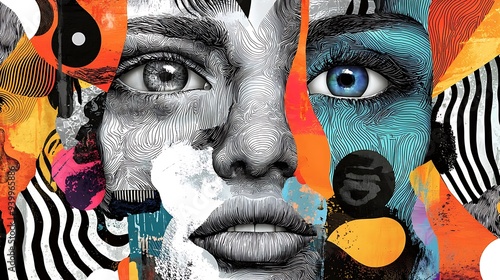 Fototapeta Naklejka Na Ścianę i Meble -  Abstract background with faces collage black and white and colours elements, psychology, stress wallpaper illustration