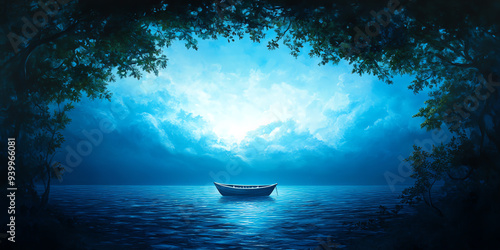 A serene scene with a lone boat floating on a calm lake under a mystical blue sky, surrounded by tree silhouettes. photo