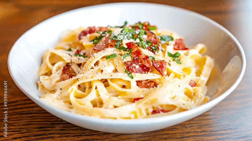Delicious Carbonara Pasta with Bacon and Basil in a White Bowl Delicious Carbonara Pasta with Bacon and Basil in a White Bowl