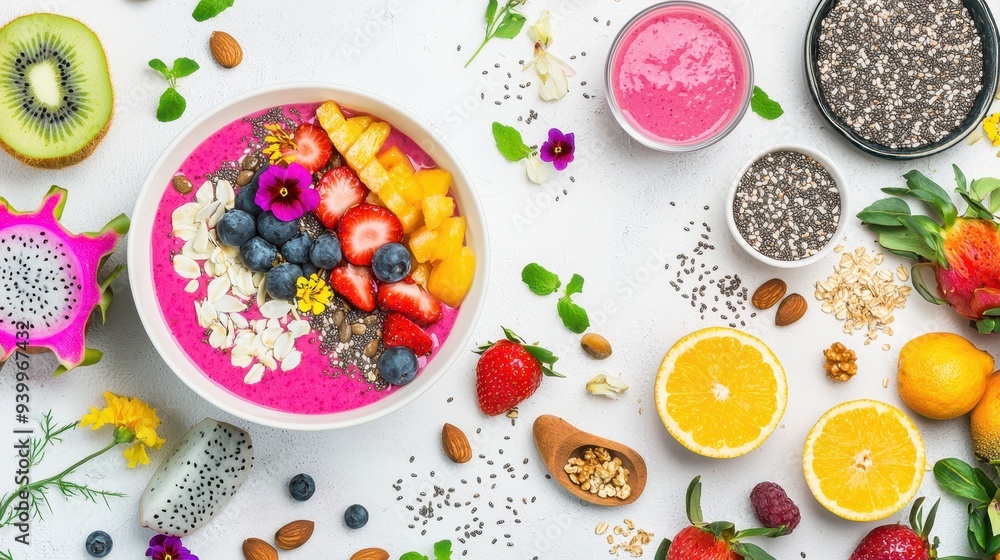 Delicious Pink Smoothie Bowl with Fruit Seeds and Nuts Delicious Pink Smoothie Bowl with Fruit Seeds and Nuts